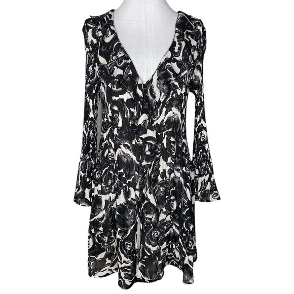 Sheer Floral Button Front Dress M Black White Bell Sleeve Whimsigoth Witchy Goth - Picture 1 of 14
